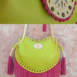 Bolso de Cuero,Bolso Cruzado Piel,Bolso Flecos Piel,Bolso Étnico,Bolso hecho a Mano,Bolso Mujer Boho Gypsy Mandala,Amarillo,Pistacho,Fucsia imagen 3