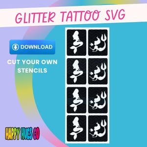 Mermaid glitter tattoo SVG. Glitter tattoo stencil. Stencil svg download. Glitter tattoo PNG. Glitter tattoo download