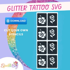 Plantillas de tatuajes de flores con brillantina: rosa e hibisco SVG PNG (descarga digital)