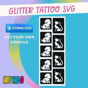Dog glitter tattoo SVG. Cat glitter tattoo stencil. Stencil SVG download. Glitter tattoo PNG. Glitter tattoo download
