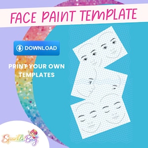 以下が含まれることがあります： 「FACE PAINT TEMPLATE」の文字と「DOWNLOAD」ボタンが配置された青とピンクのグラフィック。顔ペイント用の顔テンプレートが描かれており、さまざまな表情の輪郭が示されています。「PRINT YOUR OWN TEMPLATES」の文字も含まれています。