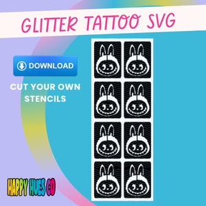 Labubu glitter tattoo SVG. Glitter tattoo stencil. Stencil SVG download. Glitter tattoo PNG. Glitter tattoo download