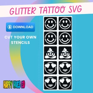 Emoji glitter tattoo SVG. Happy face glitter tattoo stencil. Stencil SVG download. Glitter tattoo PNG. Glitter tattoo download