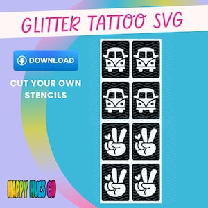 Groovy hippy glitter tattoo SVG. Peace glitter tattoo stencil. 70&#39;s Stencil SVG download. Glitter tattoo PNG. Glitter tattoo download