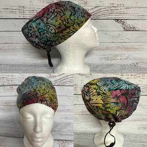 Adult sized surgical scrub caps, 100% cotton, adjustable euro style with toggle, many different patterns available, new return policy