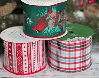 Christmas/holiday ribbon, wired edges, each roll measures 4” wide by 13.3 yards long, price is for individual roll