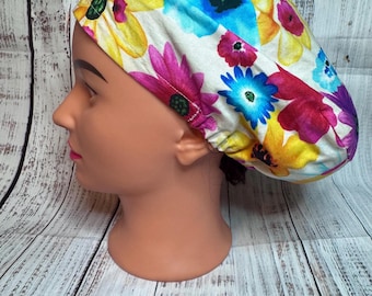 Floral themed adult size surgical scrub caps, 100% cotton, 2 different styles, many patterns available, new return policy