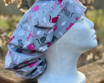 Adult sized lined surgical scrub caps, 100% cotton lined with satin, two different styles, different patterns available, new return policy