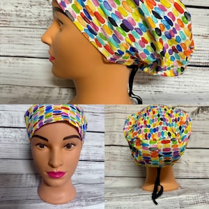 Adult sized surgical scrub caps, 100% cotton, adjustable euro style with toggle, many different patterns available, new return policy
