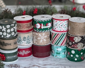 Christmas/holiday ribbon, wired edges, each roll measures 2.5” wide by 8.3 yards long, many patterns, price is for individual roll