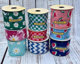 Spring/summer themed ribbon, various patterns and sizes, wired/unwired, bright colors, chevron, watermelons, daisies, checkerboard