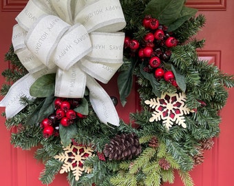 Winter wreath for front door, snowflakes and berries, wooden Merry Christmas decor