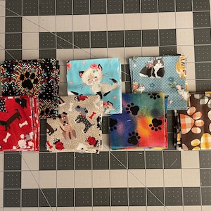 3”x3” cotton fabric squares, cat and dog themed, quilting squares, perfect for animal lovers, 74 total squares