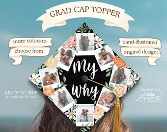 すぐに発送できる卒業式用キャップトッパー。写真を追加、My Why、ポラロイド、家族、写真、思い出、手描きの花柄、卒業式用キャップデコレーション