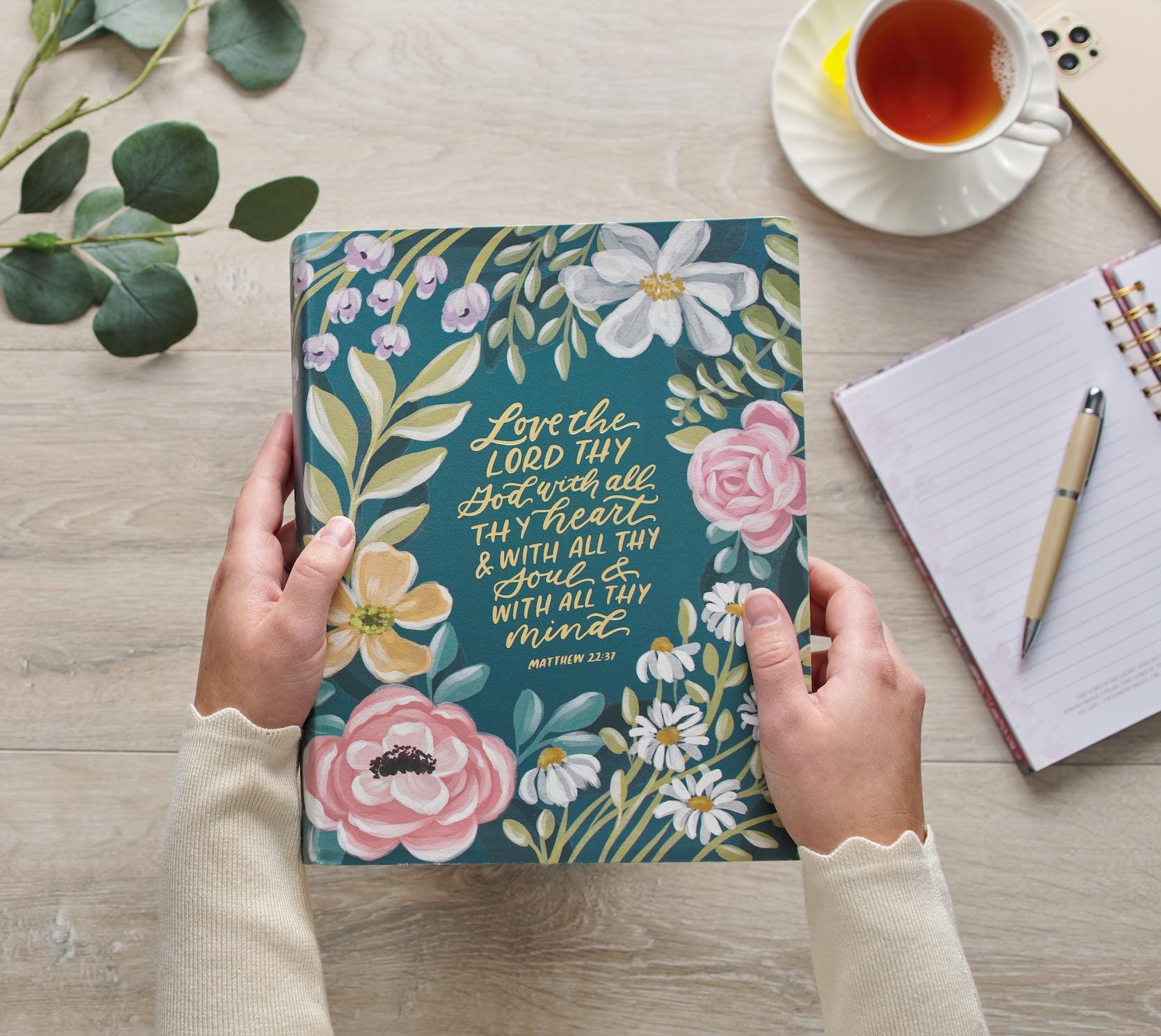 KJV Note-Taking Bible Ally Theme Large Print Faux Leather | Gold Lettering, Hand-Illustrated Designs, Pink Florals, Teal Background