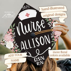 Custom Nurse &quot;Your Name&quot; Graduation Cap Topper, Hand-Lettering, BSN RN, Nursing Topper, Heart Stethoscope, Nurse Hat, Grad Cap Decor