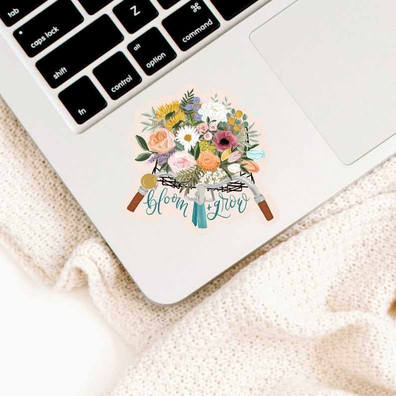 Bloom and Grow Bicycle Floral Sticker, Flower Sticker, Floral Sticker, Laptop sticker, Waterbottle Sticker image 1