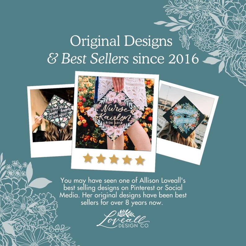 Custom Graduation Cap Topper, Hand-Lettering, Hand-Illustrated Florals, Choose Your Words image 3