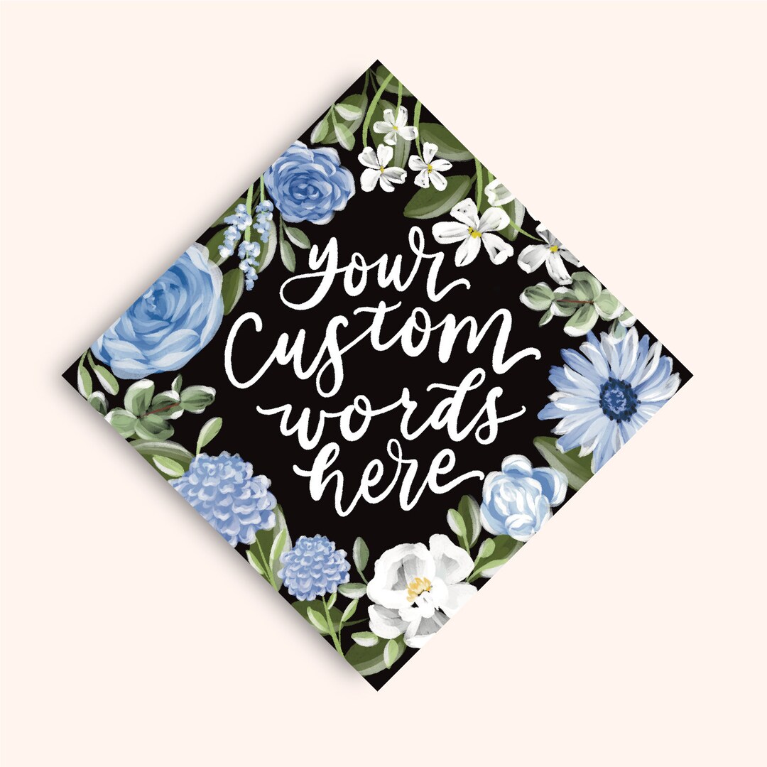 Custom Graduation Cap Topper Decor, Ashley blue Floral Printed Cap