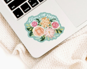 Bloom With Grace Sticker, Floral Sticker, Hand-Lettered Sticker, Laptop sticker, Christian Sticker, Waterbottle Sticker