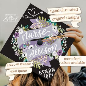 Custom Nurse &quot;Your Name&quot; Graduation Cap Topper, Hand-Illustrated Florals, Hand-Lettering, BSN RN, Nursing Topper, Heart Stethoscope, Flowers