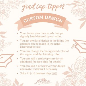 The image is a custom design banner for a graduation cap topper. It features a graduation cap and floral designs, along with text providing information about the custom design process.