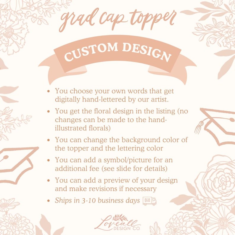 The image is a custom design banner for a graduation cap topper. It features a graduation cap and floral designs, along with text providing information about the custom design process.