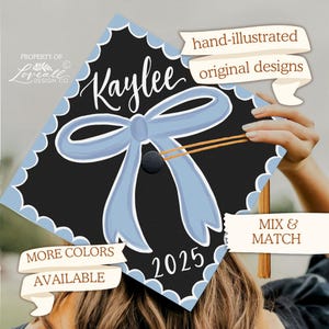 Custom Graduation Cap Topper, Add Your Name, Bow Design, Cottage Core, School Colors, Hand-Illustrated, Ruffles