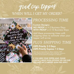 The image is a promotional graphic for a graduation cap topper. It features a graduation cap with a floral design and text, along with a hand holding a box of the cap topper. The text provides information about the processing time for the cap topper, including custom designs, proofing times, and shipping options.