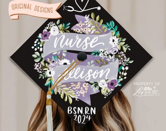 Nurse "Your Name", BSN RN Graduation Cap Topper, Nursing Topper, Heart Stethoscope, Nursing Grad Cap, Nurse Grad Cap, Florals, Flowers