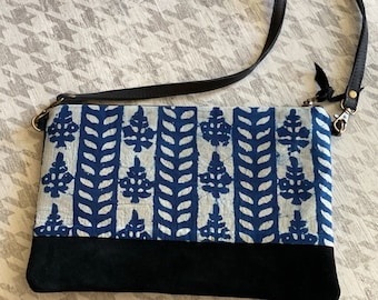 Indigo hand dyed print & black suede clutch or shoulder/crossbody handbag. Handcrafted in California.