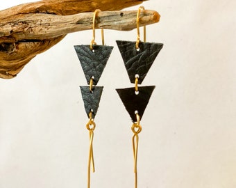 Leather triangle & 14kt gold filled bar dangle earrings. Bohemian geometric lightweight drop earrings.