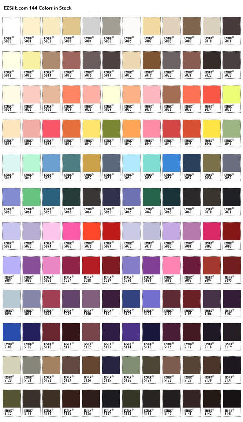 May include: A color chart with 144 different colors, labeled with the brand name "EZSilk" and a corresponding number. The colors are arranged in rows and columns, with each color represented by a small square.