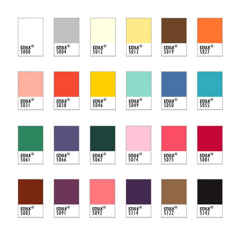 May include: A color chart with 20 different color swatches. Each swatch is labeled with a number and the text "EZSILK&reg;".