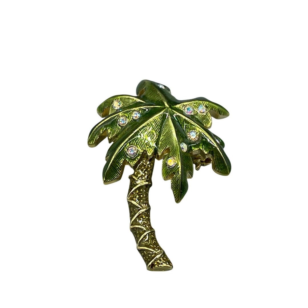 Palm Tree Pin Vintage Palm Tree Brooch Green Enamel Gold Tone Rhinestone Tropical ...