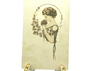 Tarjeta postal antigua de 1913 con ilustración de Gibson Girl del artista Ryan Wayland, sello de Texas.