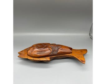 Vintage Hand geschnitzte hölzerne Fisch Trinket Box Dekorative Holzschale mit Deckel 9 Zoll