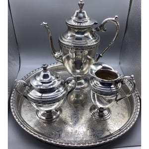 Vintage Wm Roger & Bros, 4 Pc Coffee Serving Set w/ Round Plater, Dent On Pot