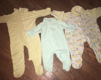 Vintage Lot/3 1970s Yellow Green Circus Pajama Footies Size 0-12 months