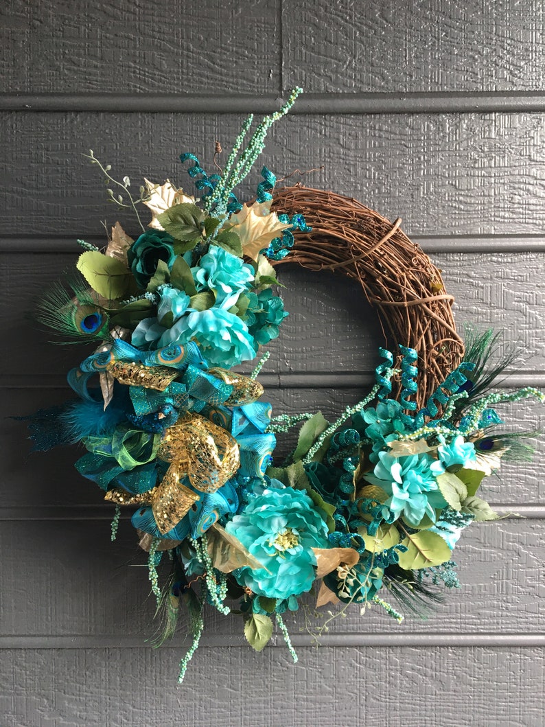 Peacock Teal and Gold Wreath Etsy