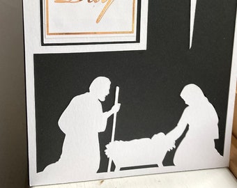 Nativity Holiday Card - For Unto Us Is Born - Black & White with Gold Foil Lettering