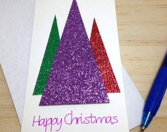 Happy Christmas Card with Three Glitter Trees, 3 x 6 inch card with envelope