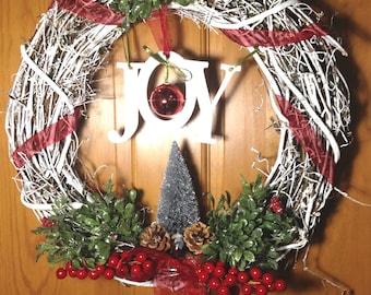 Joy to the World Grapevine Christmas Wreath with Pine Cones, Bottle Brush Tree, Cotton