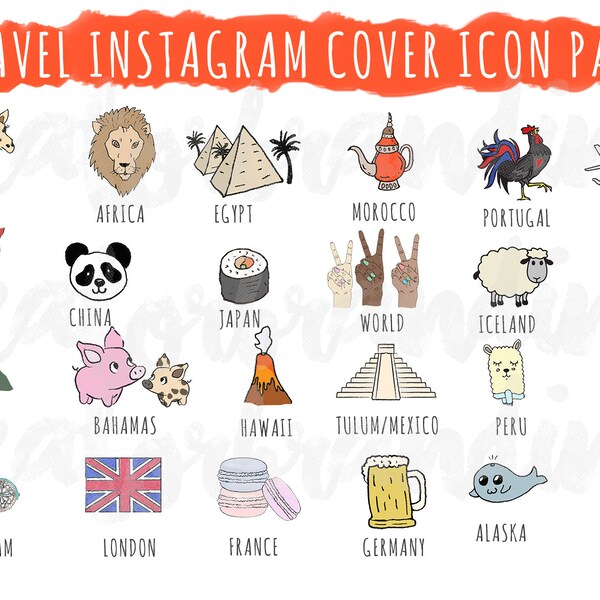 Instagram Story Highlight Cover Icons Set of 41 Hand Drawn Travel Pastel Tones - Insta Story Template Graphic Bundle Instagram Highlights