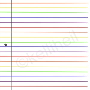 May include: A white sheet of paper with a black line down the left side and three black dots. The paper has alternating colored lines in shades of red, yellow, green, blue, and purple.