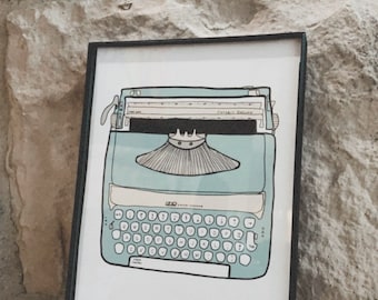 Typewriter Illustration - writer gift - author wall art - write books