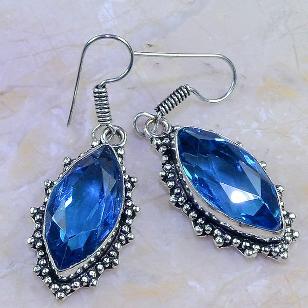 Faceted Blue Topaz Sterling Silver 2" Dangle Earrings