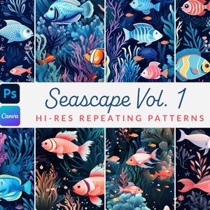 May include: A set of four digital seamless patterns featuring colorful fish and coral reefs. The patterns are designed for use in Photoshop and Canva. The text "Seascape Vol. 1 HI-RES REPEATING PATTERNS" is displayed at the bottom of the image.