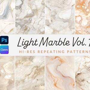 May include: A set of eight high-resolution light marble patterns, ideal for use in Photoshop and Canva. The patterns feature a variety of light and neutral colours, including white, beige, and grey. The patterns are seamless and can be tiled to create a variety of designs.