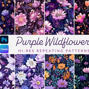 Puede incluir: Un conjunto de seis patrones digitales sin costuras que presentan flores silvestres moradas sobre un fondo oscuro. Los patrones están diseñados para su uso en Photoshop y Canva. El texto "Purple Wildflowers HI-RES REPEATING PATTERNS" se muestra en una pancarta blanca.
